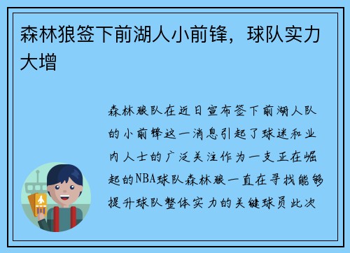 森林狼签下前湖人小前锋，球队实力大增