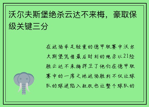沃尔夫斯堡绝杀云达不来梅，豪取保级关键三分